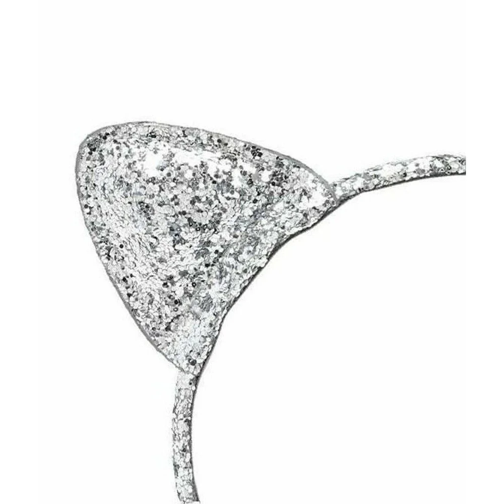 Forever 21 Headband Silver Sequin Puffy Cat Kitty Ears One Size NNT